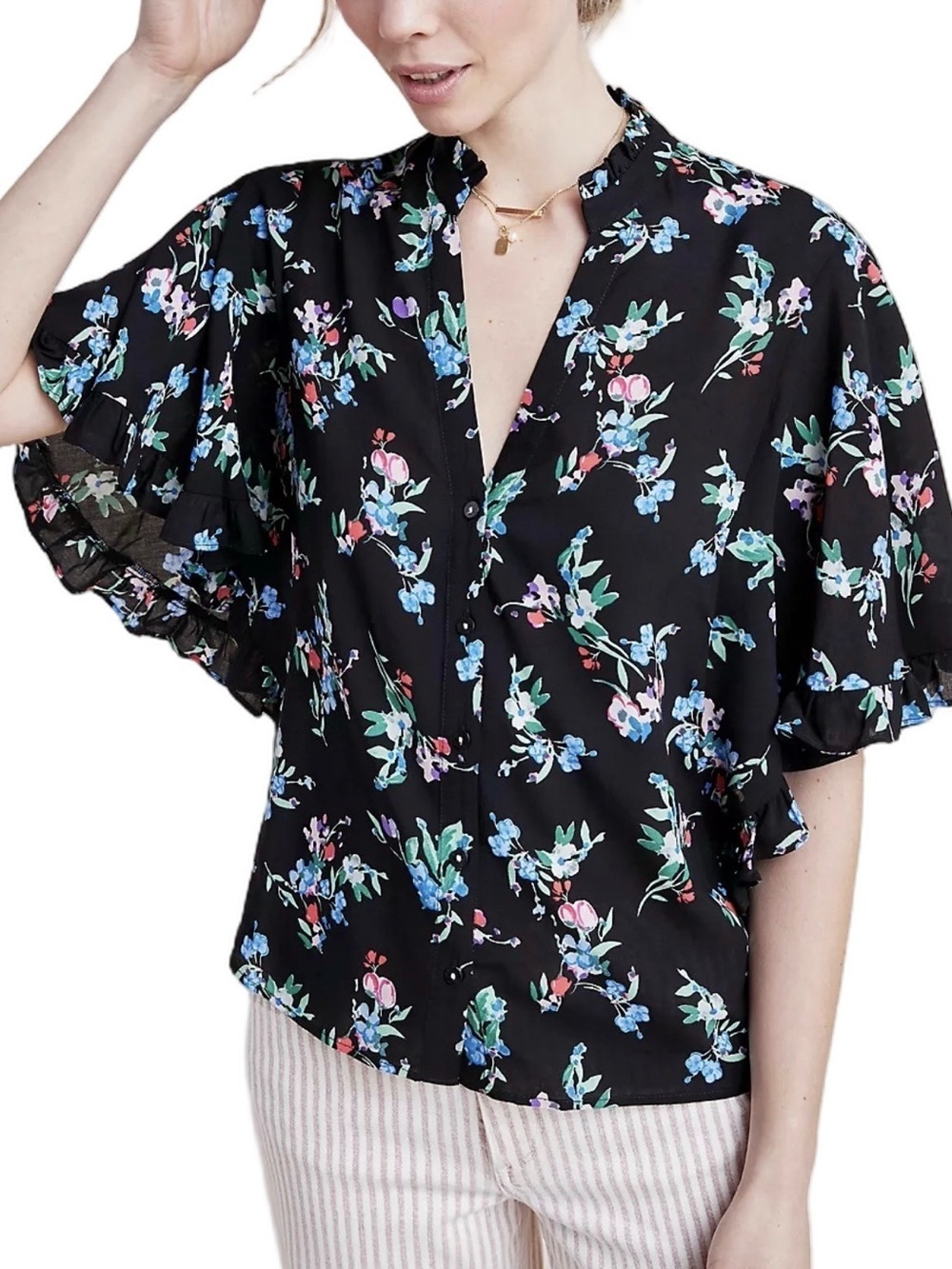 Anthropologie Maeve Aveiro Flutter-Sleeved Buttondown Floral